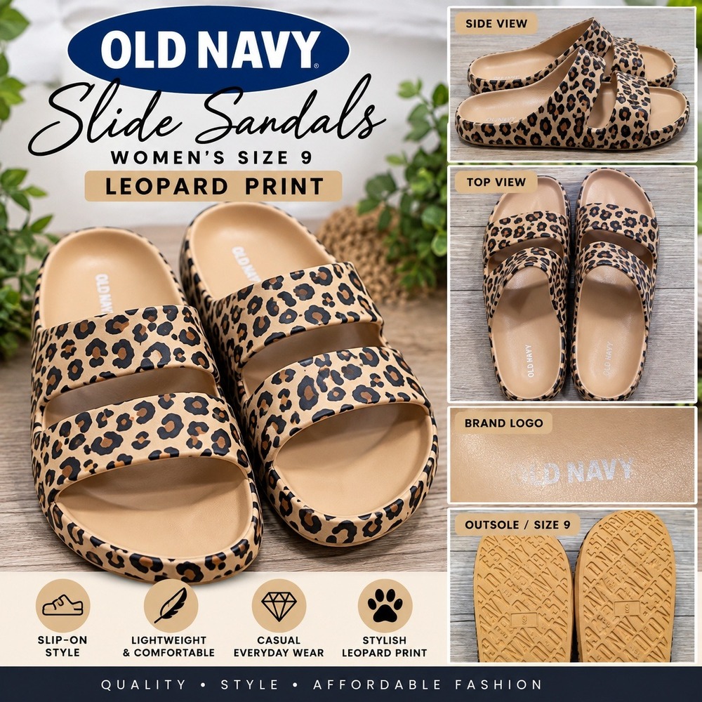 Old Navy Womens Leopard Print Slide Sandals Two Strap Slip On Shoes Size 9